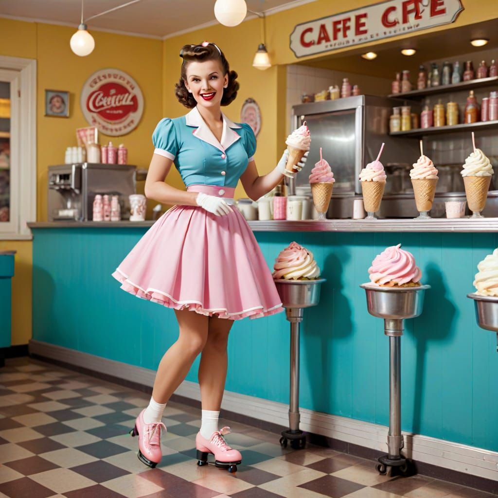 cafe serving ice cream milkshake
s with rollerskating waitress, in 1950s retro style  by @Neelix