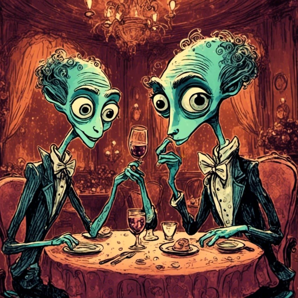 Two aliens on a date in a fancy restaurant. <lora:SybilThorn-LORA6:1.0> 
