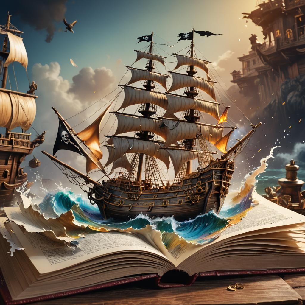 A pirate ship coming out of the pages of a book