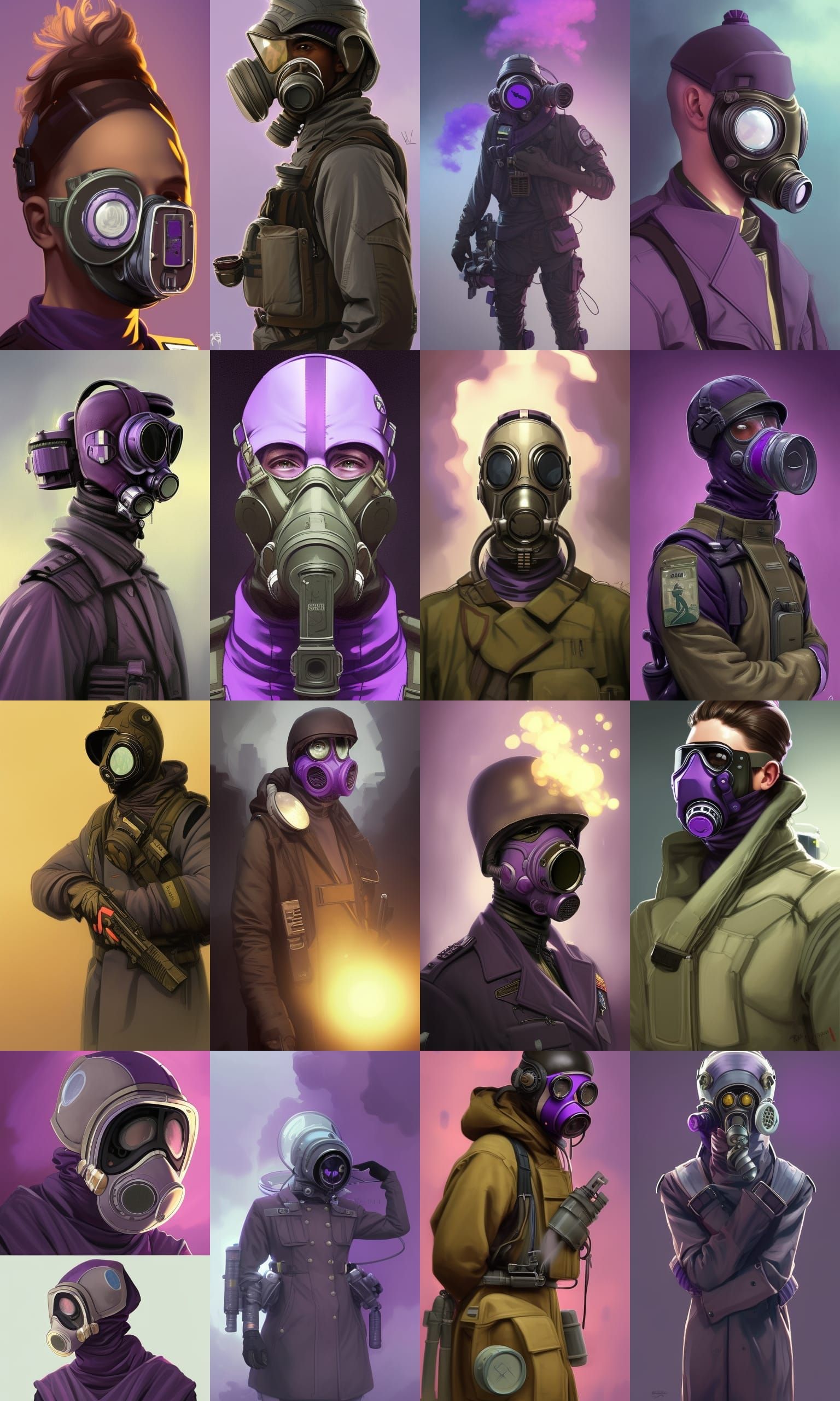 Cyber ​​soldier in purple gas mask. With a big coat and purp...