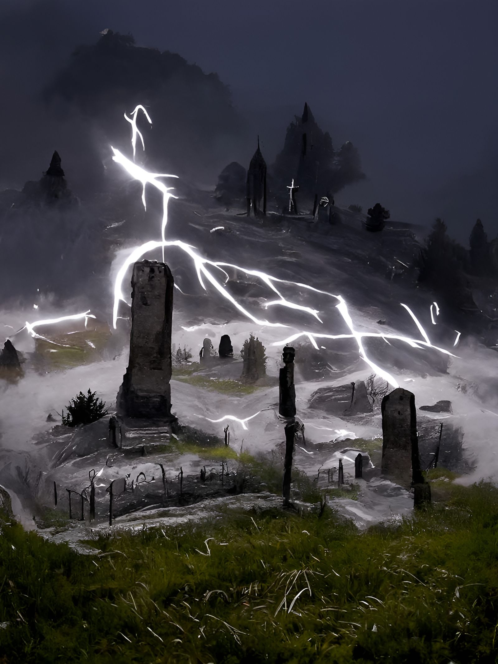 Lightning strikes a hill in a foggy old graveyard, trending ...