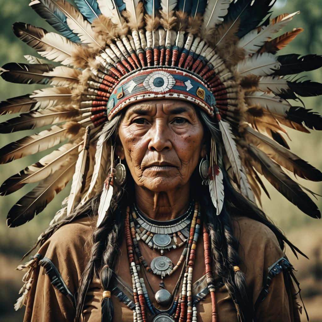 Photorealistic portrait beautiful native American Indian woman in her 60s in full headdress serious expression ,wisdom, no shadow , ultra HD...