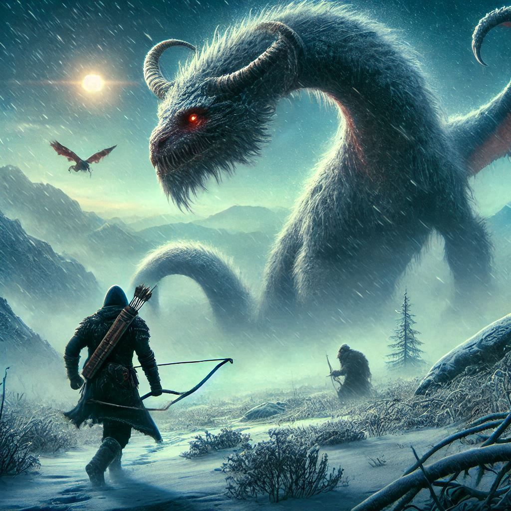 A hunter tracking a mythical beast through the tundra