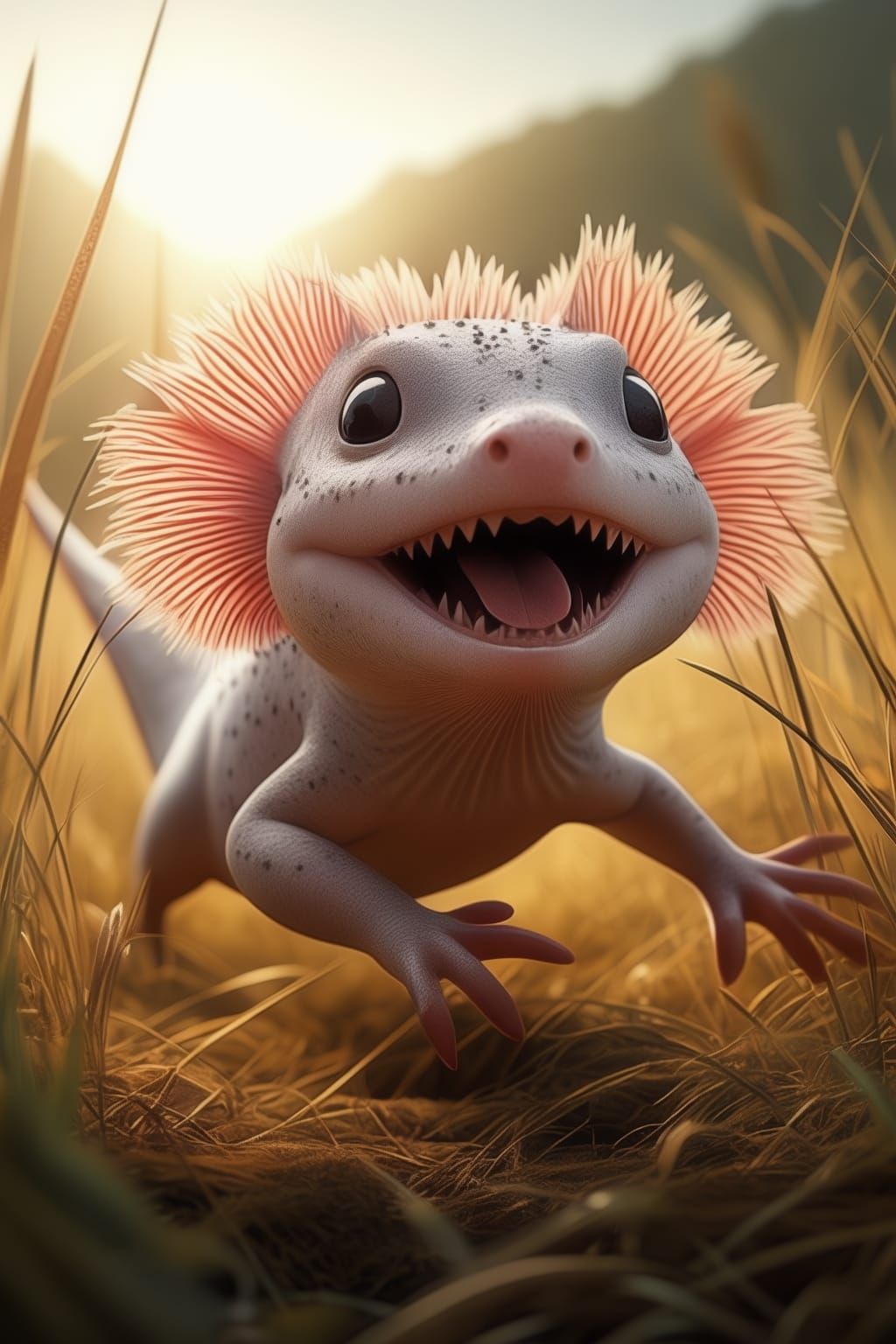 axolotl running across a dry grass field