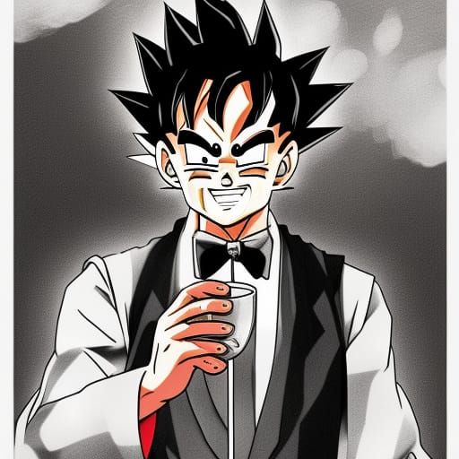 goku drinking wine and smoking a cigarette. goku wearing a tuxedo - AI ...