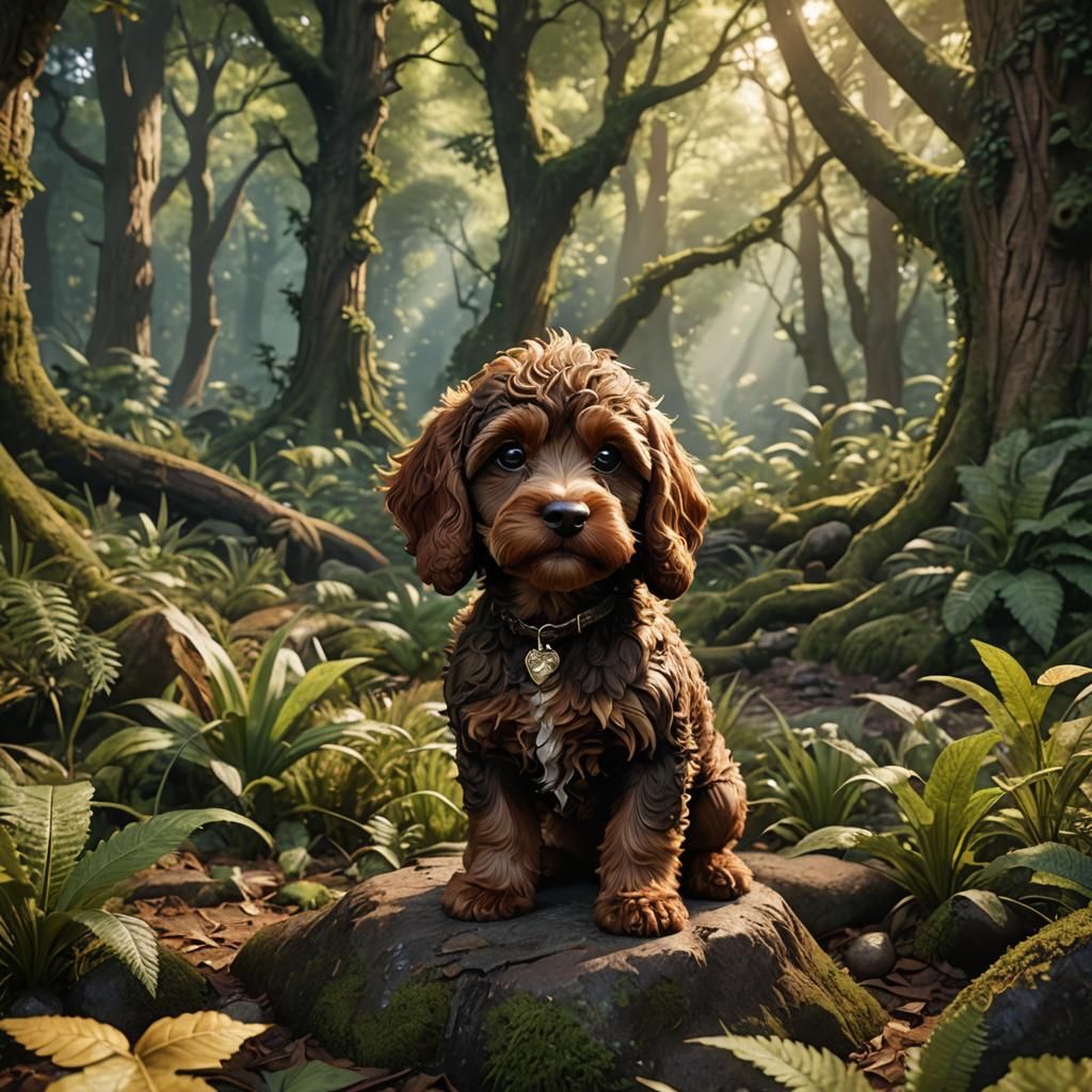 a brown baby cockapoo in a fairy tail forest
