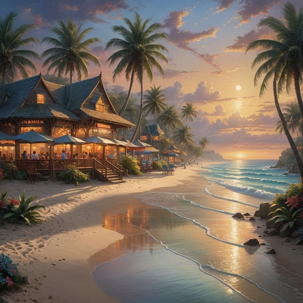 A beautiful wide-angle shot of a tropical beach at sunset. P...