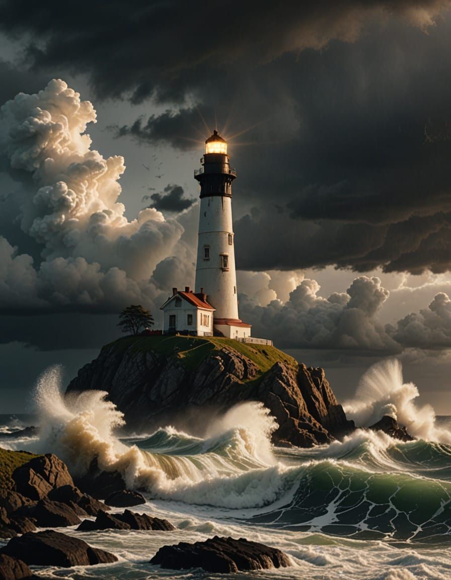 Photorealistic, high-detail, a very tall, white, lighthouse on a small rock island with huge waves of ...  by @General Korg