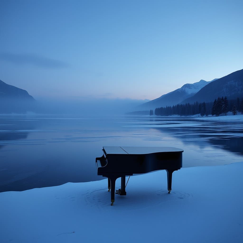 Grand Piano on Frozen Lake at Twilight