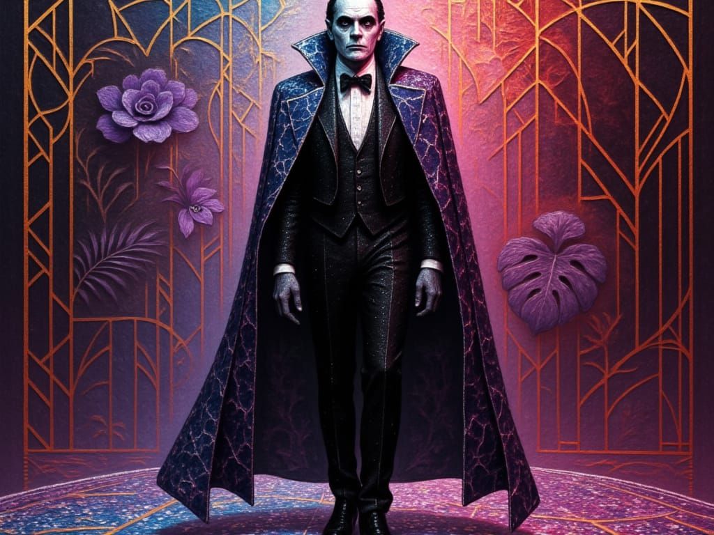 Dracula, reimagined as a glamorous 1970s disco icon, stands on a glittering, kaleidoscopic dance floor. He wears a shimmering velvet suit an...