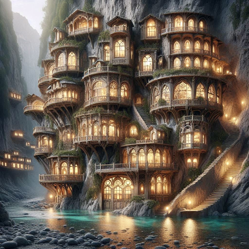 “Luminara Cliffs: The Elven Citadel by the Waterfall”