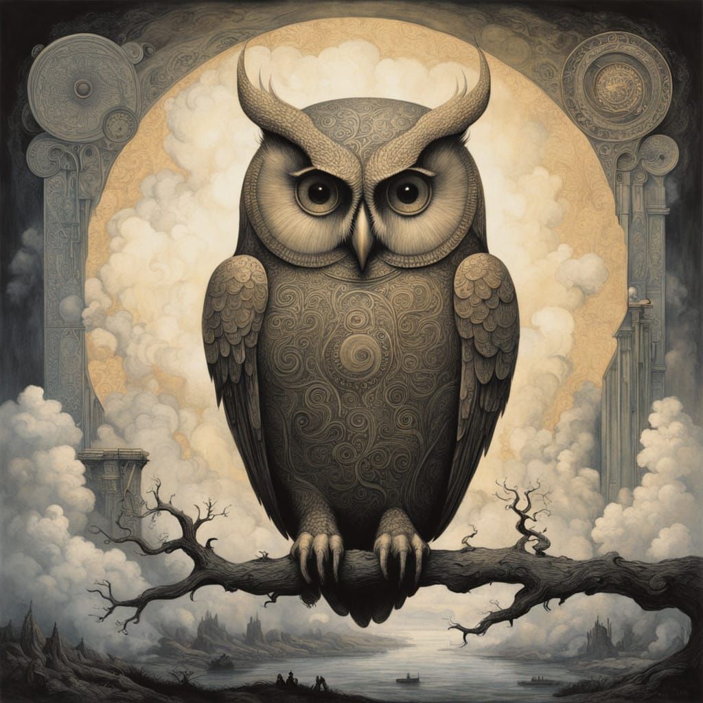 איור של ינשוף מפורט במיוחד המזכיר את יצירותיו המורכבות של זד...