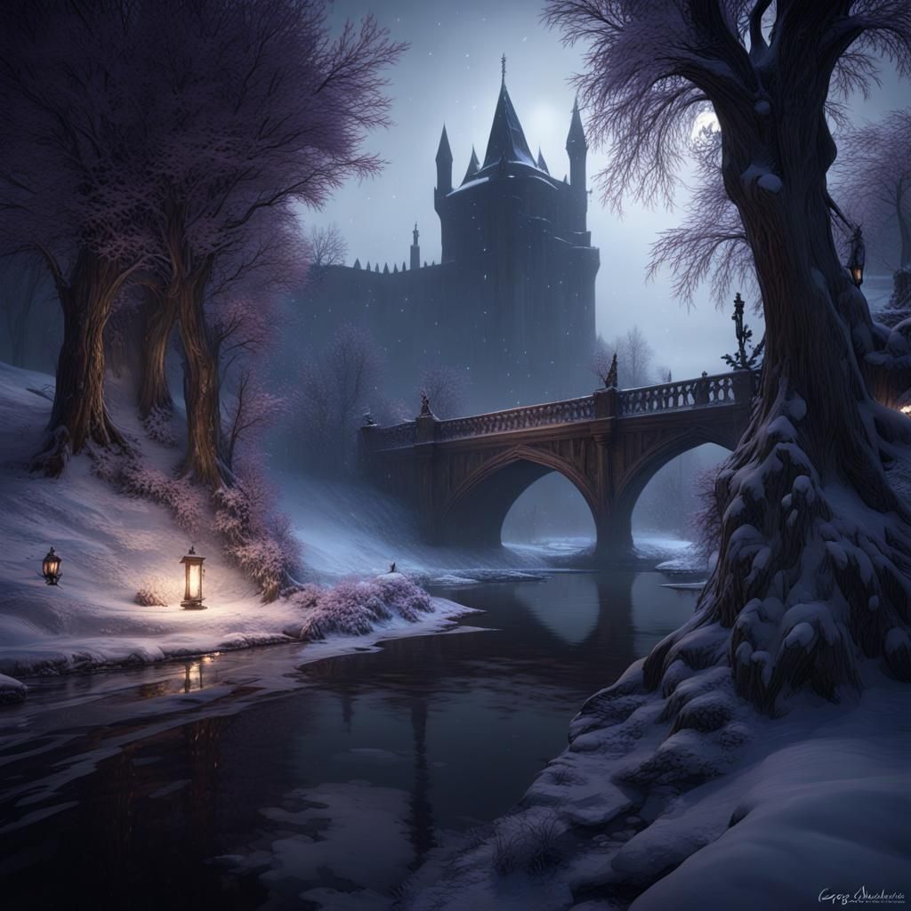 Painted World of Ariandel, river, snow, dark souls 3 style, night time, lanterns  by @undefined