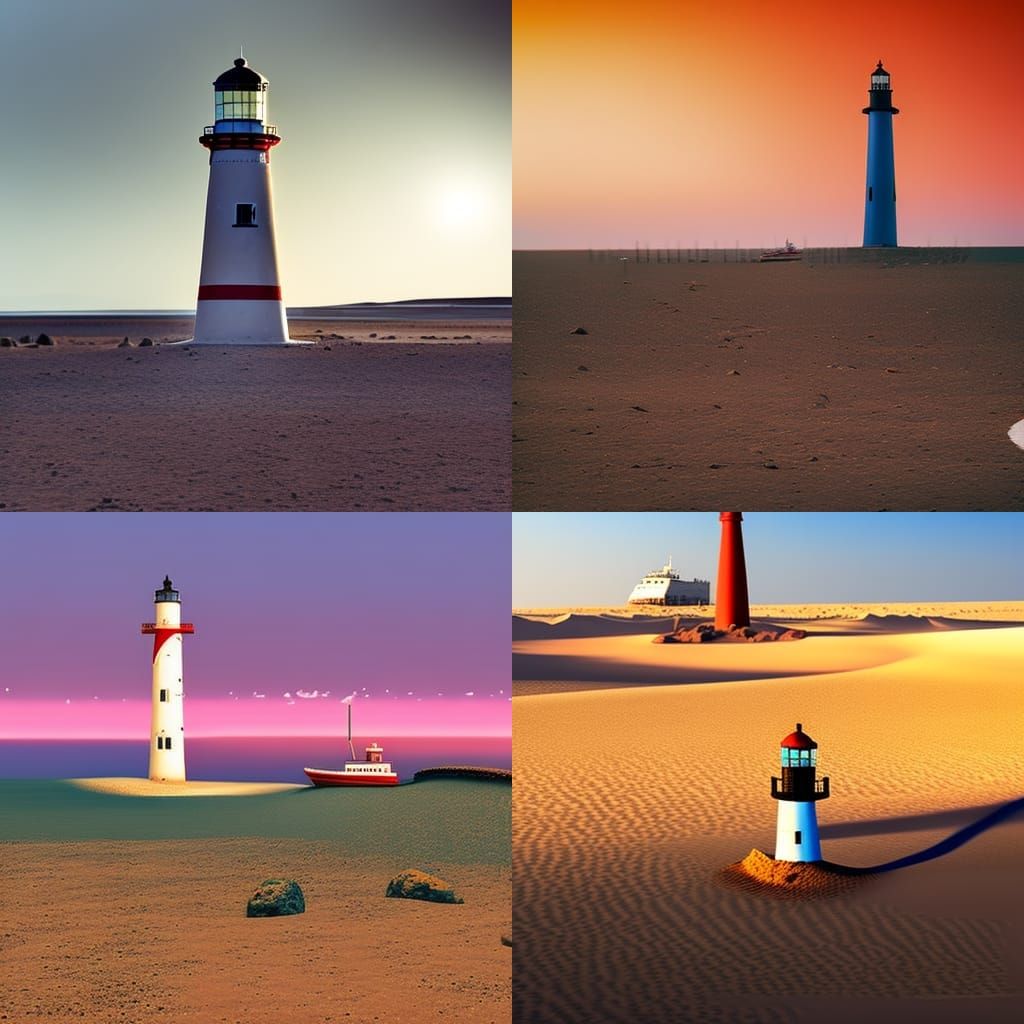 Lighthouse in the middle of the desert with a stranded ship ...
