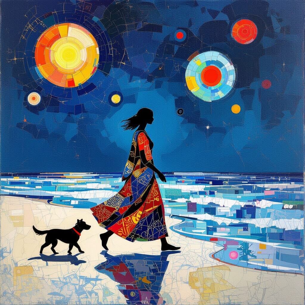 Woman on Beach in Abstract Expressionist Style