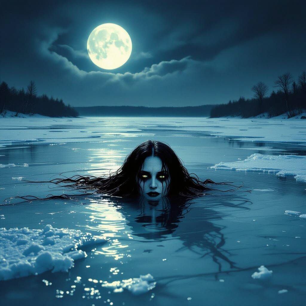 Dark fantasy illustration of a frozen lake. The ice surface is perfectly unbroken and smooth, reflecting a cold, eerie moonlight. Beneath th...
