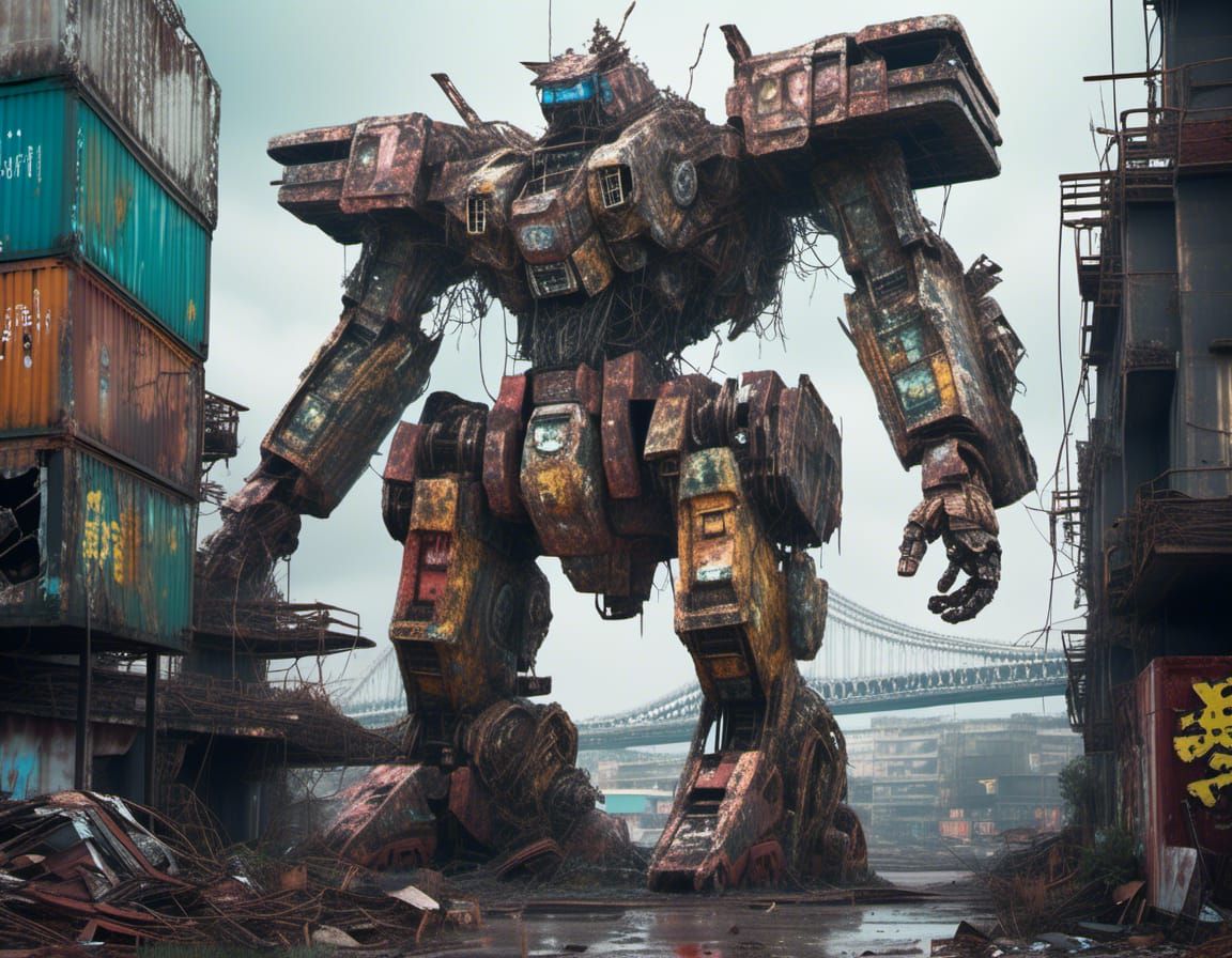 ((insanely detailed abandoned  rusty strangle vine gundam mecha anime in dystopian post-apoclyptic brooklin_bridge)) in <lora:Dystopian:0.9>...
