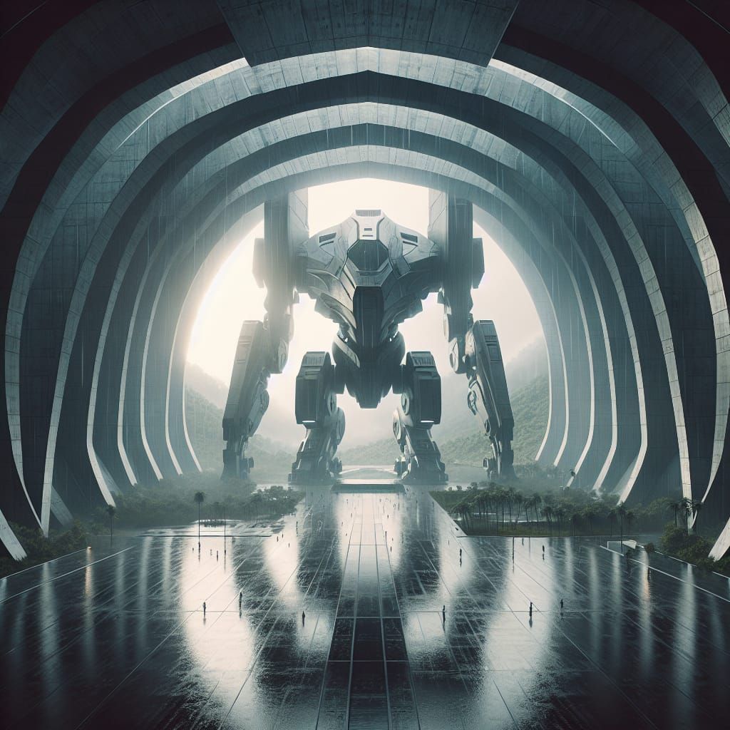 Security Mech in Hangar: Dramatic 3D Rendered Scene