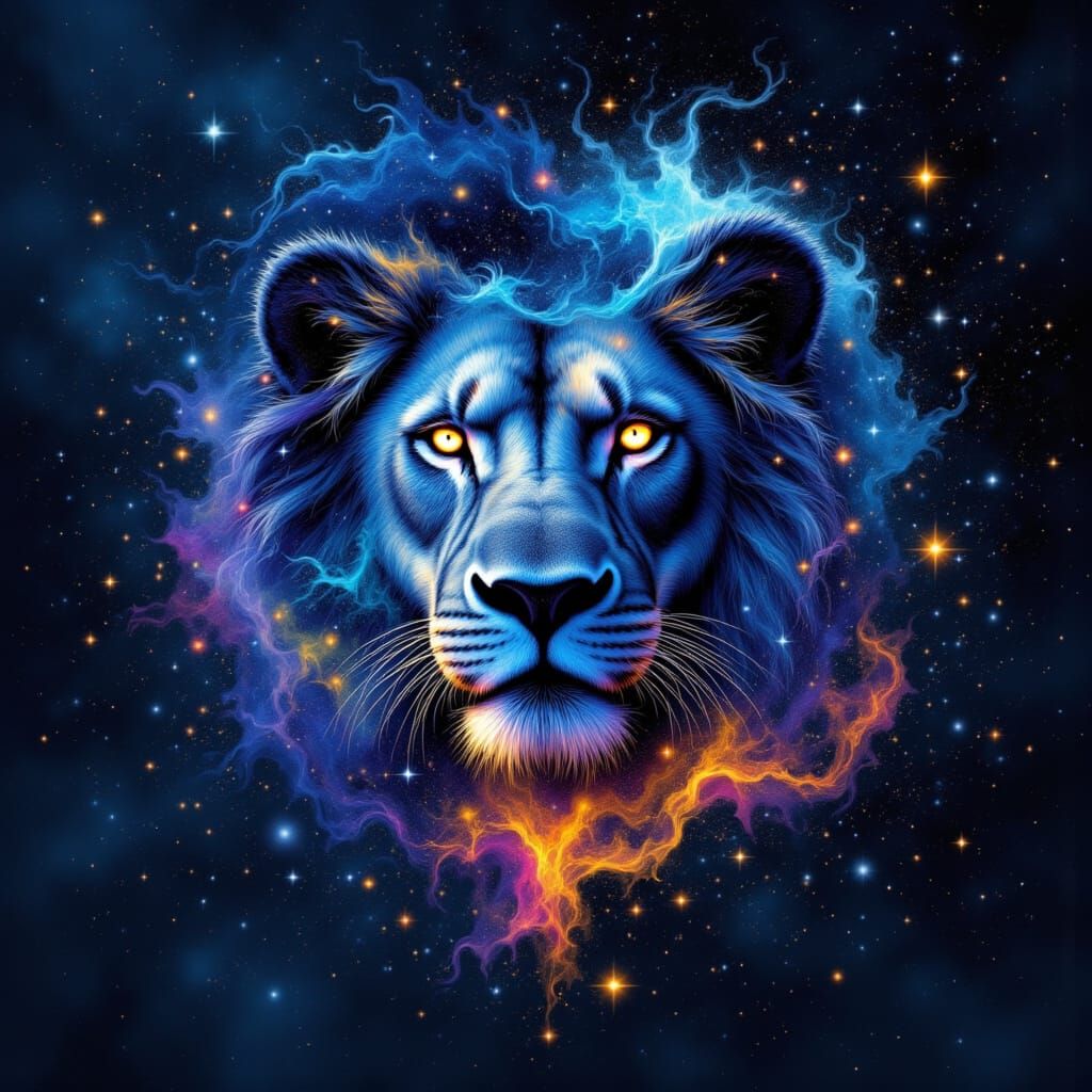 Abstract image of a lion's head in a starry night sky.

<lora:NeuveauImpression:1.0>