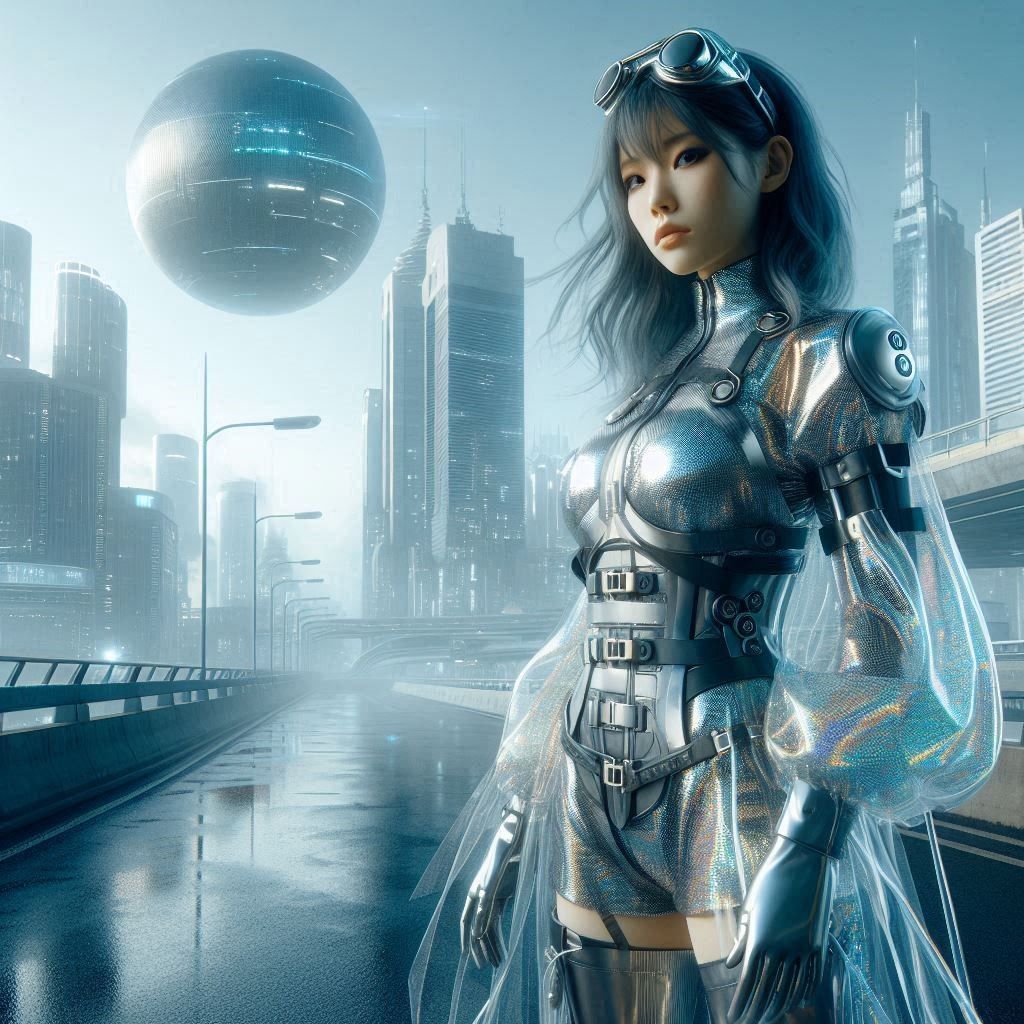 Young asian Woman with a shiny costume, safety goggles and shiny gloves standing in the street of a futuristic city, wit...