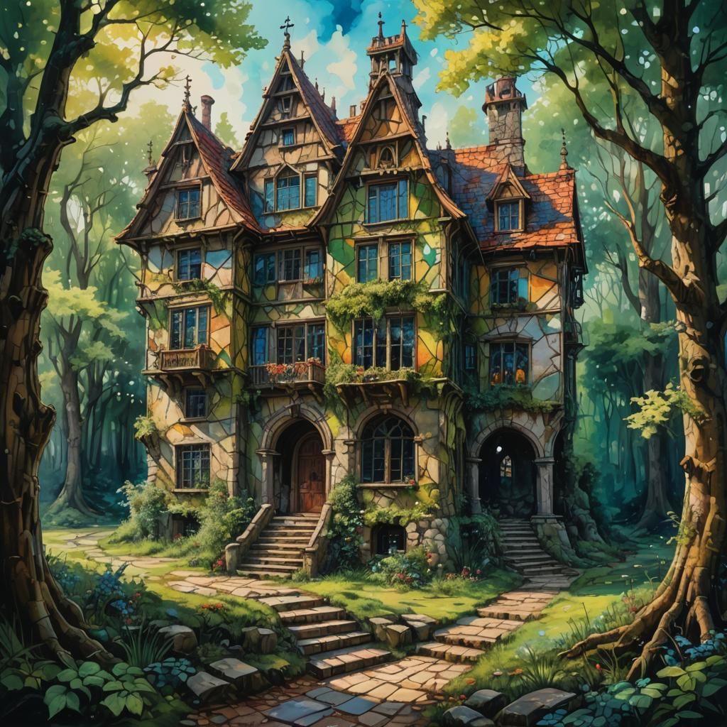 abandoned medieval mansion in a fairytale forest hyperrealistic impasto alcohol ink painting Hyperrealistic, ...  by @Biboo