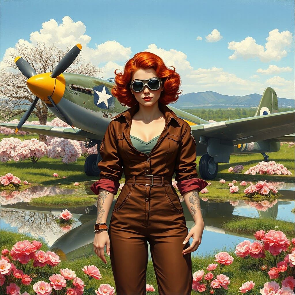 Vintage Anime Girl Pilot in Oil Painting Style