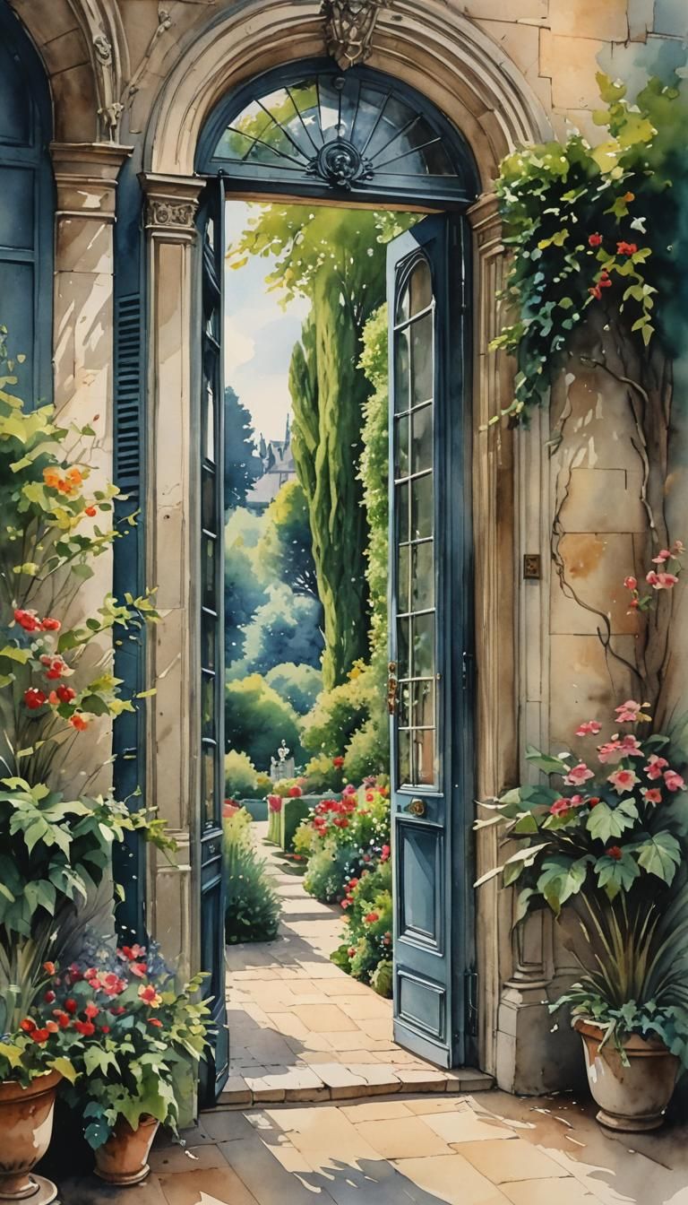 A huge beautiful open doorway in a French chateau, looking out into the beautiful gardens  by @Northview