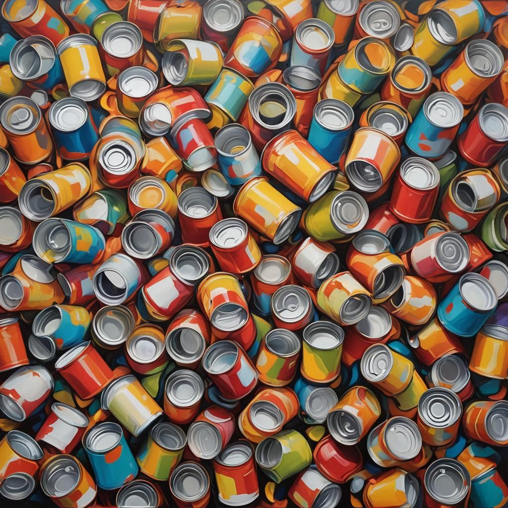 an oil painting of vibrantly colored soup cans floating in a...