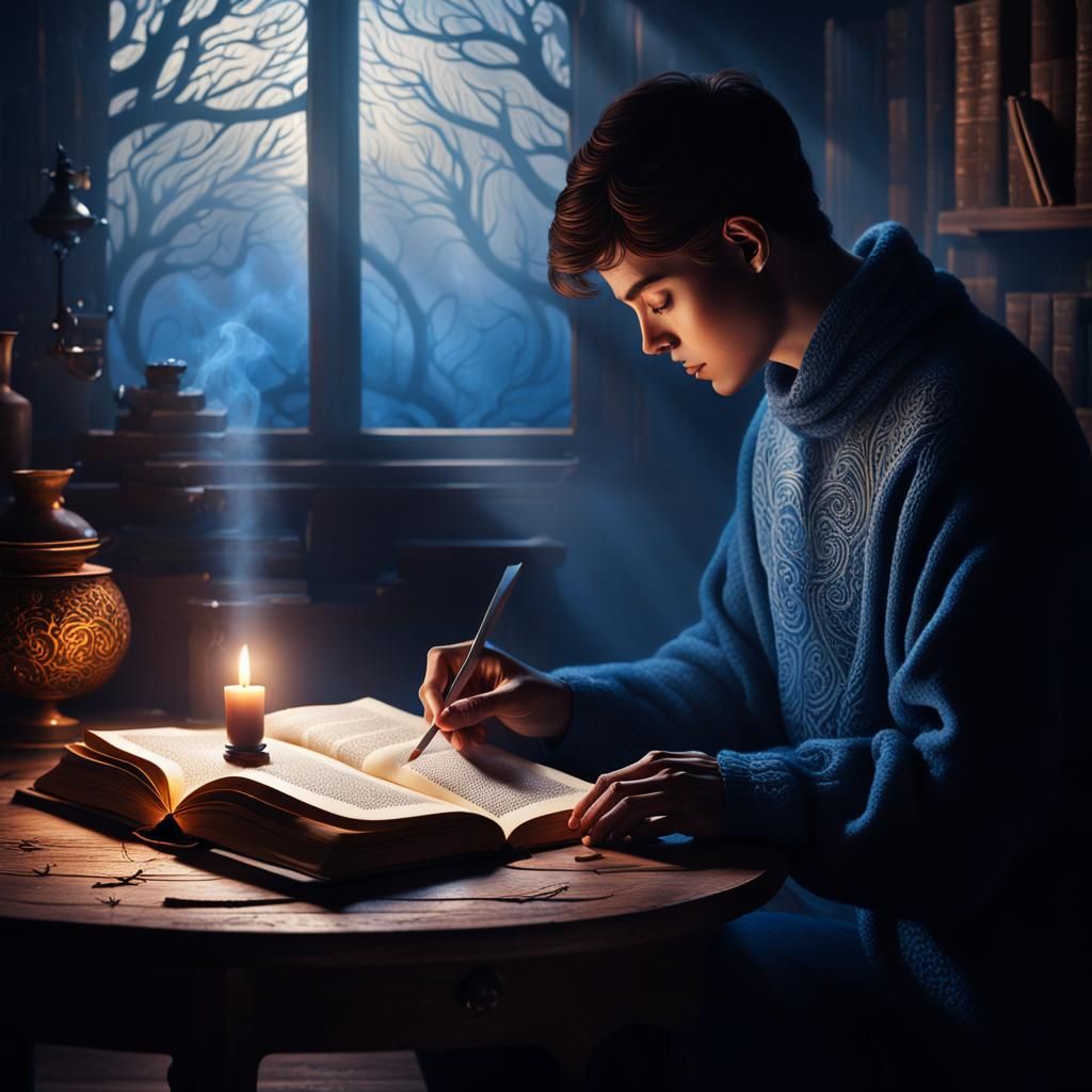 Winter Reader on Walnut Table, Matte Painting