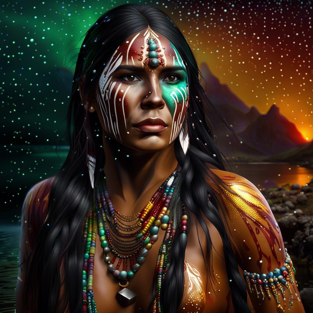 real beautiful native american woman standing by river ,body...