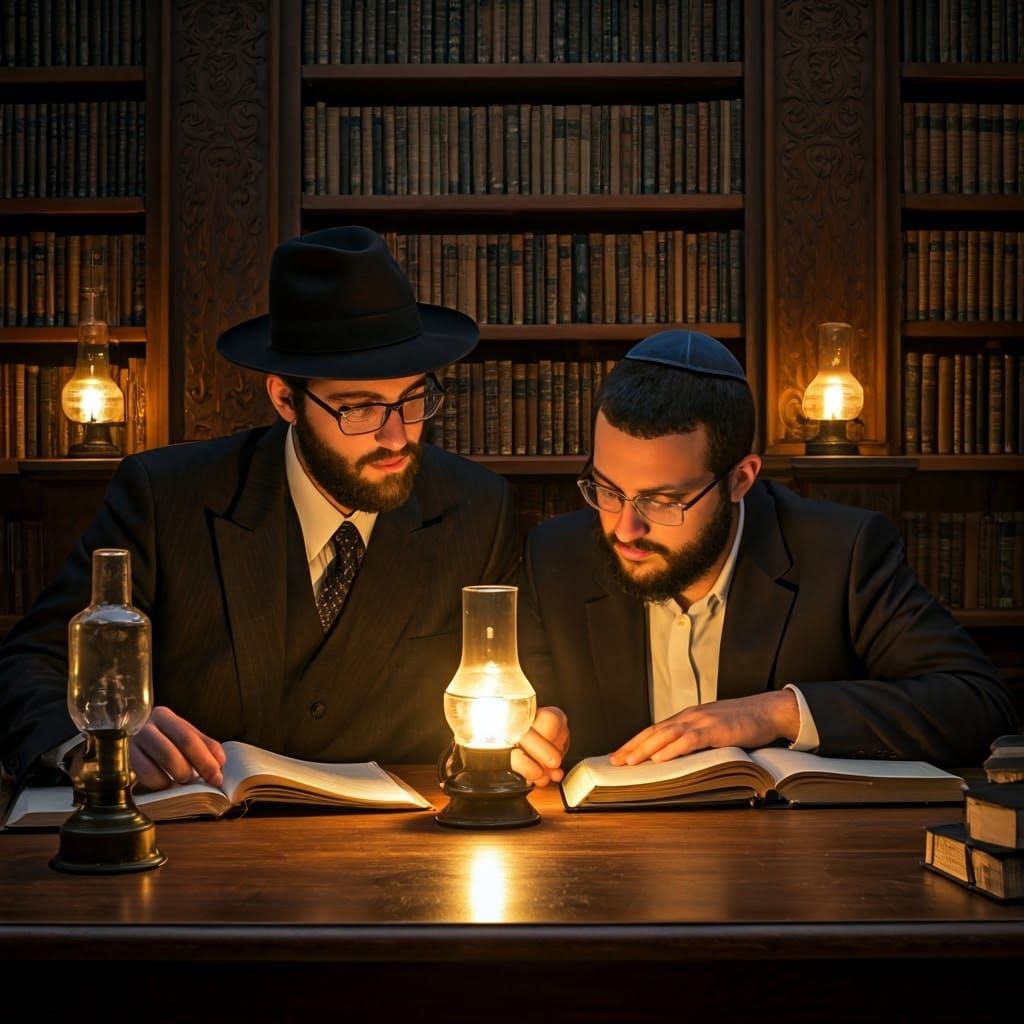 Intimate Study Session in a Traditional Yeshiva Setting