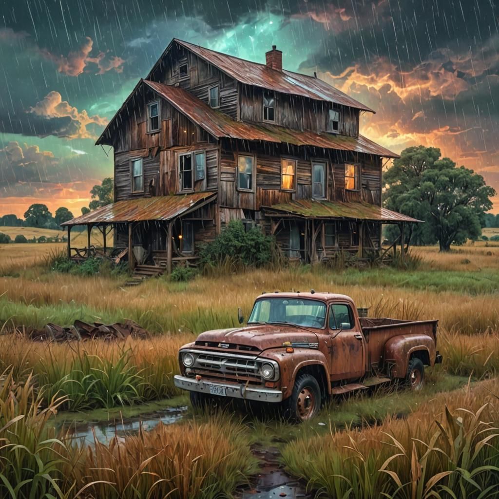 A very old farm house sitting in a field of tall grass  rusty ford truck it is raining. 8k resolution ...  by @Carrie David Parr 