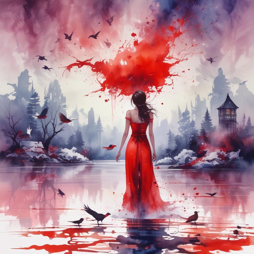 Watercolor painting of a woman and birds