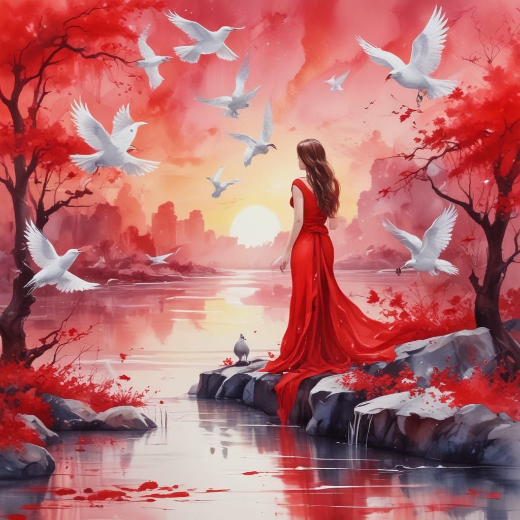 Watercolor painting of a woman and birds