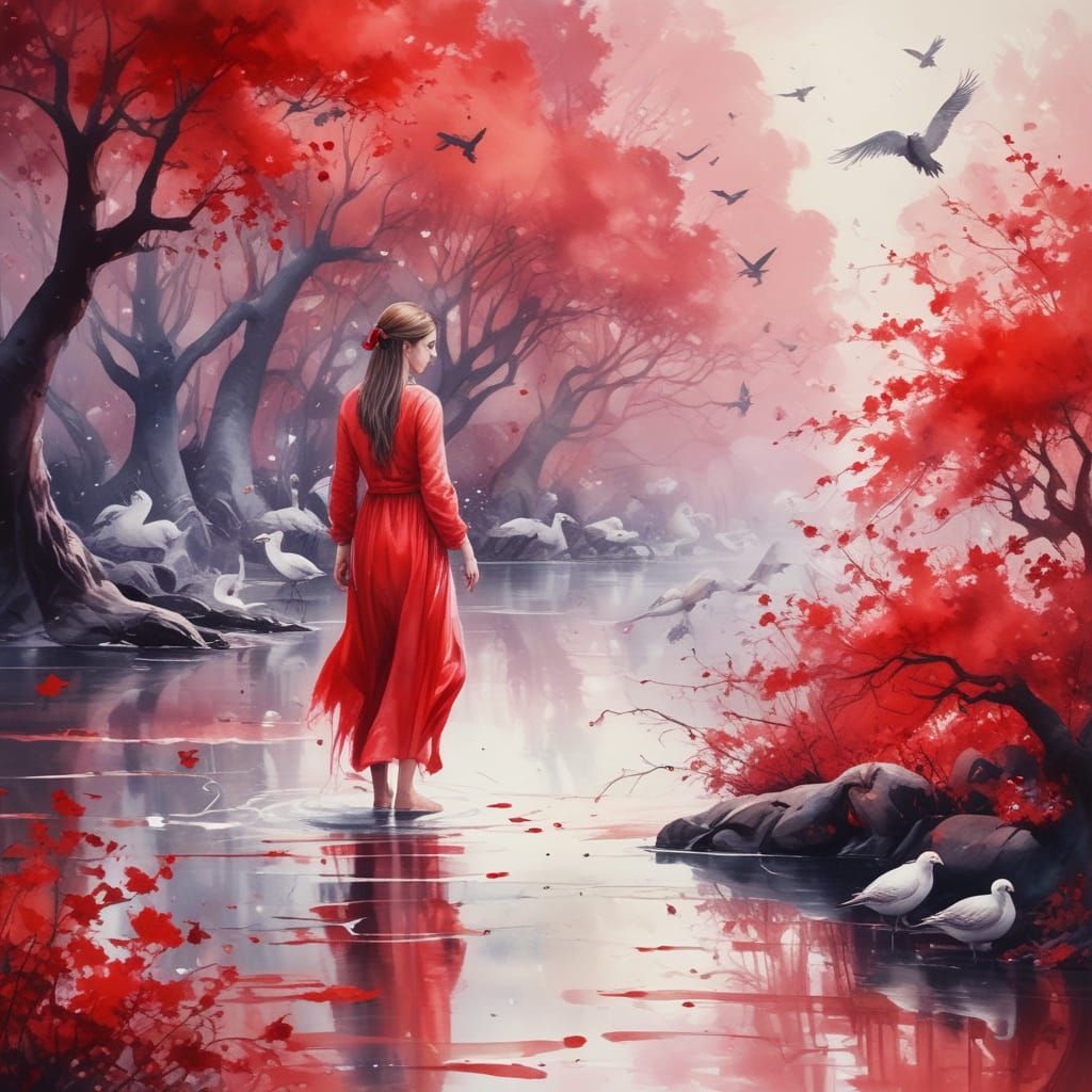 Watercolor painting of a woman and birds