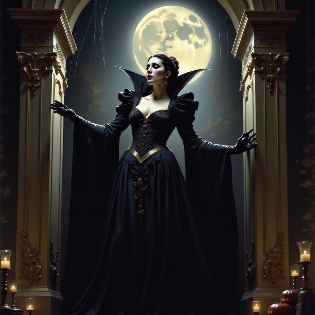 <lora:Pre-Raphaelites2:1.0> Portrait of a vampire rising from her tomb, full Moon, Halloween night, a maximalist masterpiece