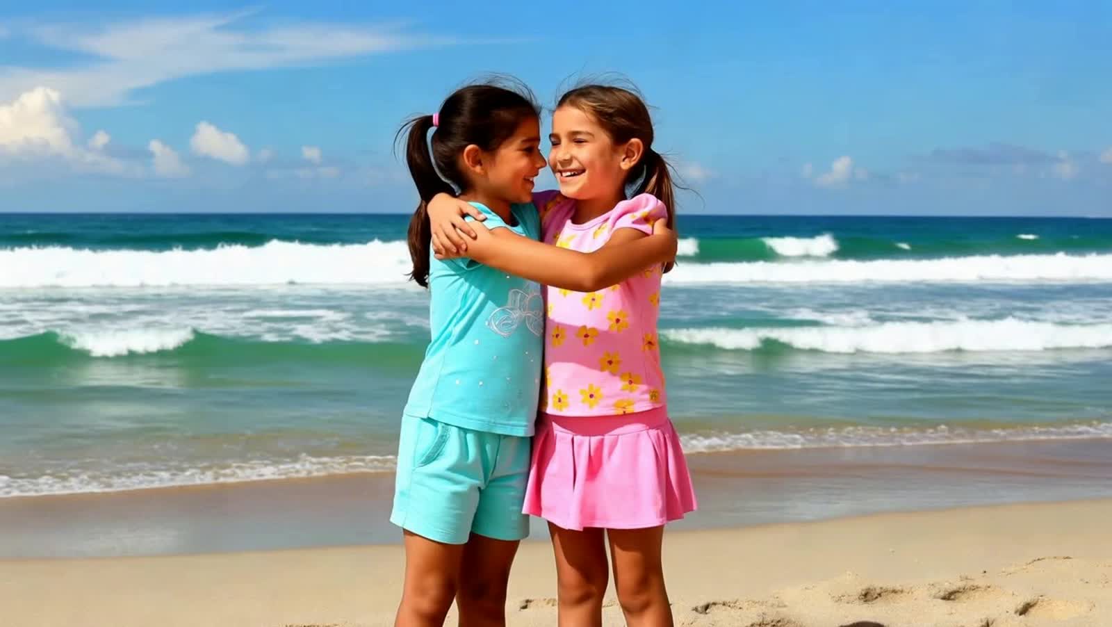 Two realistic girls at a beach. They have their arms around each other, smiling for the picture