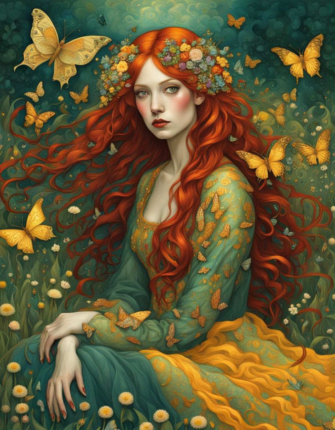 beautiful fairy in Klimt style, long red hair, transparent yellow wings ...