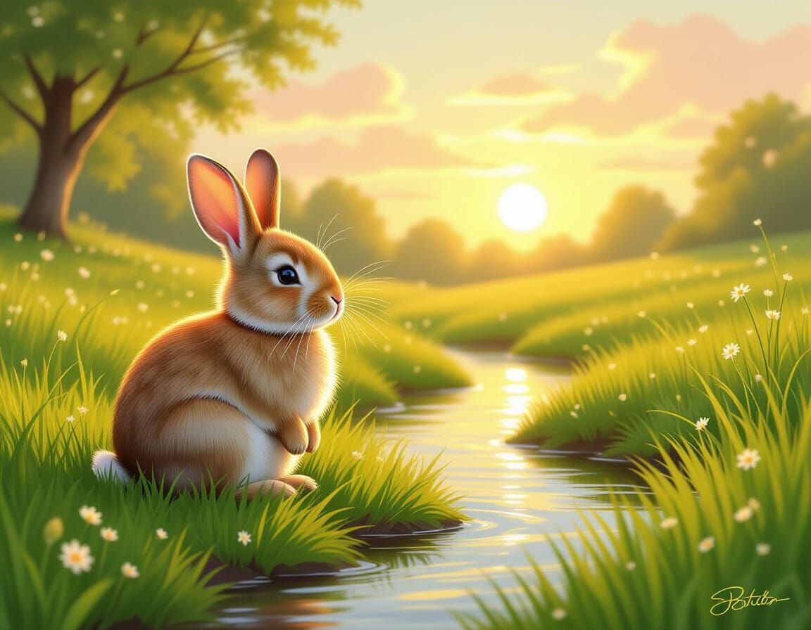 Fluffy Rabbit in Golden Meadow at Sunset