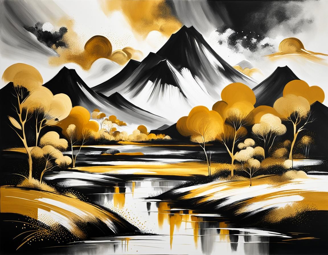Tachisme Dynamic Brushwork
landscape in gold black and white colors.