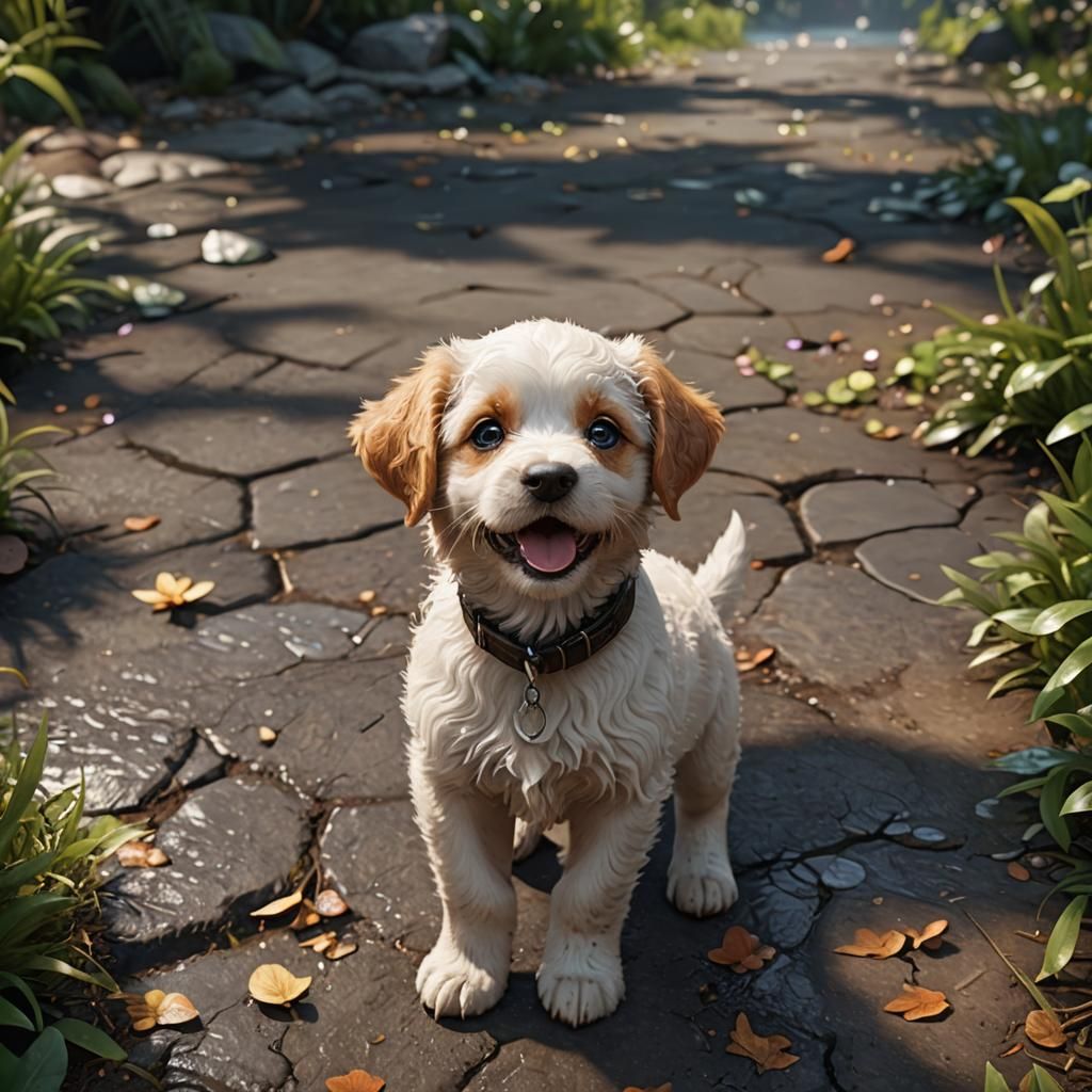 Cute puppy close-up face with slight smile tail wagging bid ...