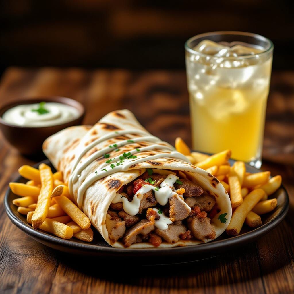 Photorealistic Shawarma Plate with Lemonade