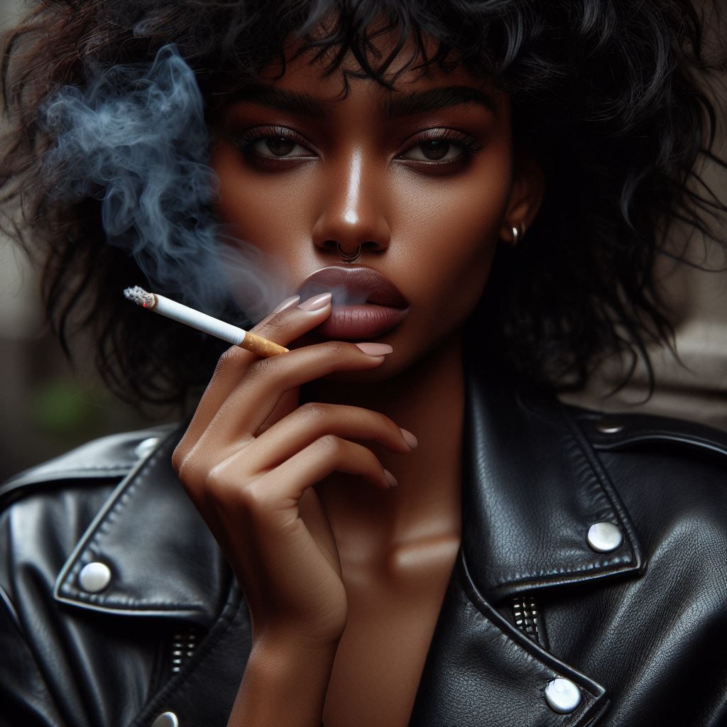 Ebony Beauty smoking in leather