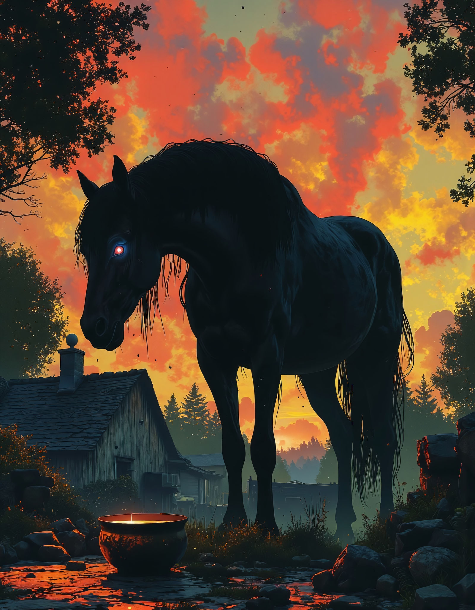 Welsh pwca in horse form, drinking an offering of milk