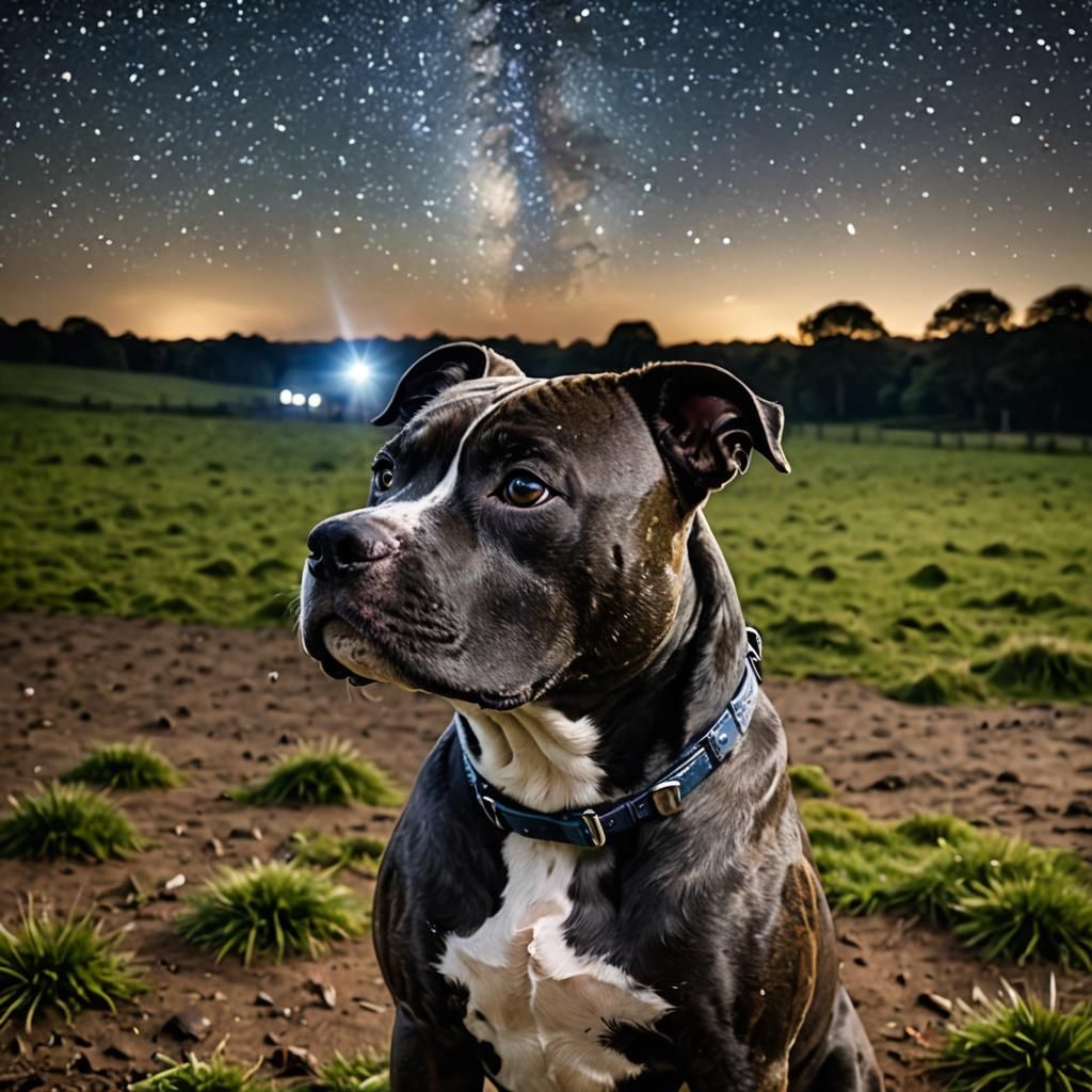 Staffordshire terrier looking at stary knight from a viewers...