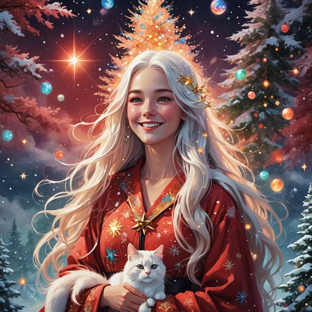 Celestial Girl with Cat in Starry Christmas Realm