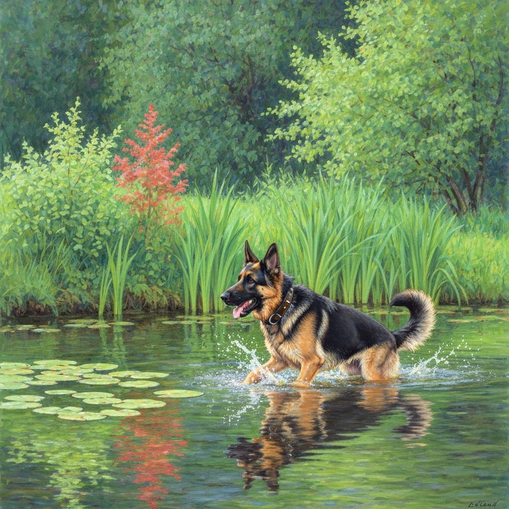 A German Shepherd in a pond  by @Bonzo