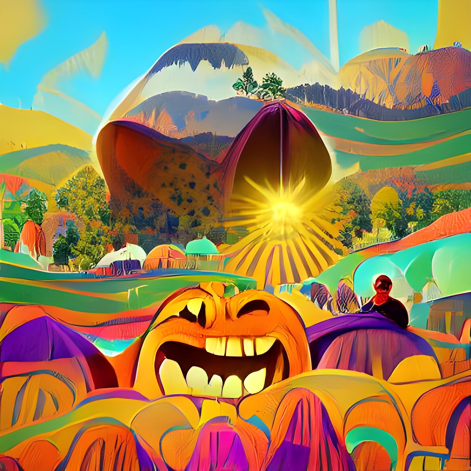 The sun shines through a gap in the mountains, a giant grinn...