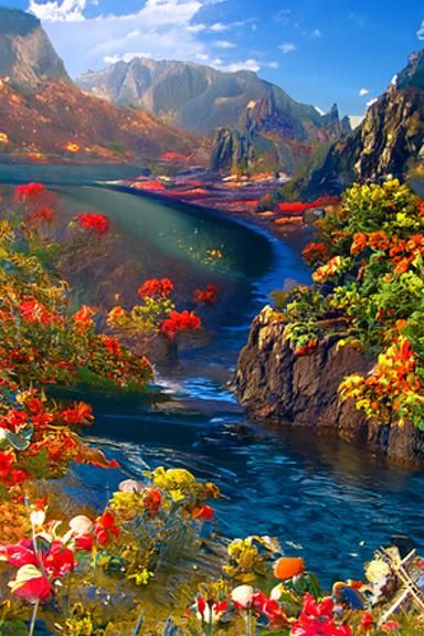 A beautiful painting of a river full of clear cystal deep bl...