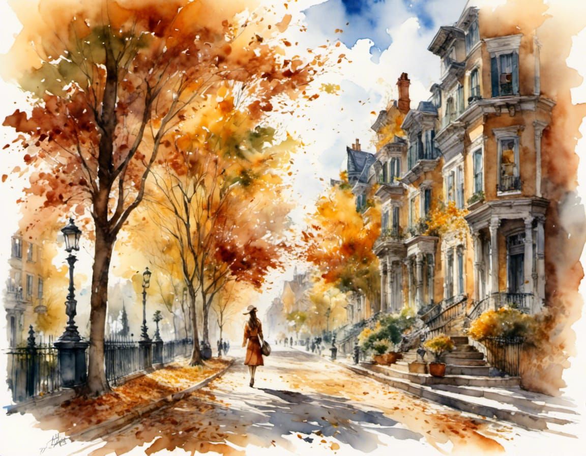 <lora:WatercolorMix1:1.0> New York streets, charming neighbourhood on an autumn afternoon, falling leaves, ...  by @Smaragda Eliadou
